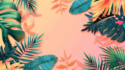 Obraz premium Fuse peach background with tropical leafs, summer vibe, hawaii vibe, colorful botanical background.