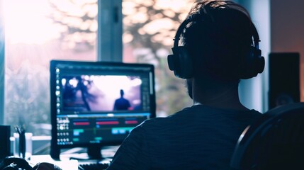 Professional freelancer editing video on computer. Home office.