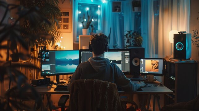 Professional freelancer editing video on computer. Home office.