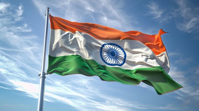 National flag of India on a flagpole waving on blue sky background.