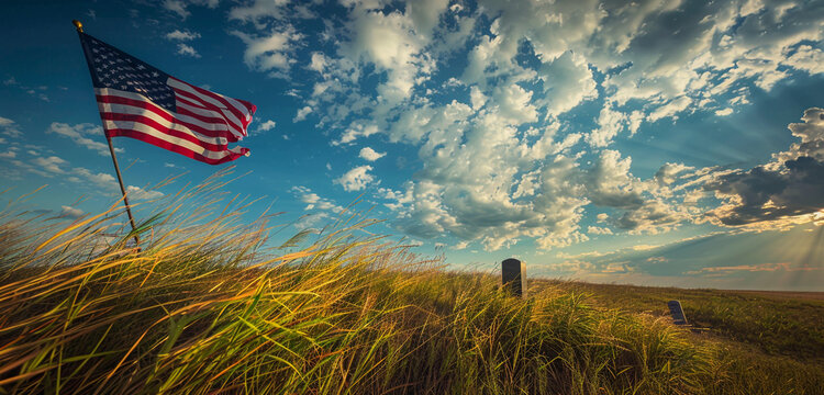 Veteran's grave on the prairie with Memorial Day flag and grass under prairie winds.