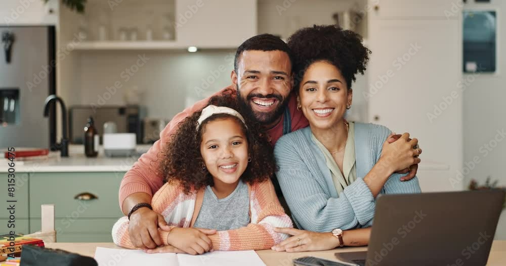 Sticker Happy, family and hug with laptop at dinner table for remote work, bonding and support with homework. Smile, parents and girl with love embrace for growth and help with education from online course