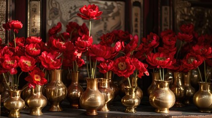 Red flowers displayed in several golden vases
