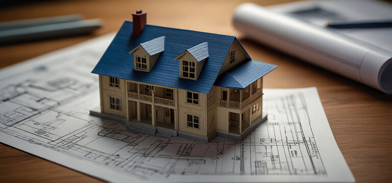 Real estate and home concept, close up of house model on blueprint background, Building construction