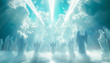 Celestial judgment scene with angelic figures and ethereal light beams, in soft whites and blues, suitable for a place of worship or meditation room wallpaper