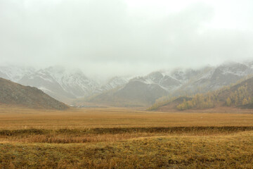 Flat steppe with yellowed grass at the foot of high mountain ranges with peaks in thunderclouds.