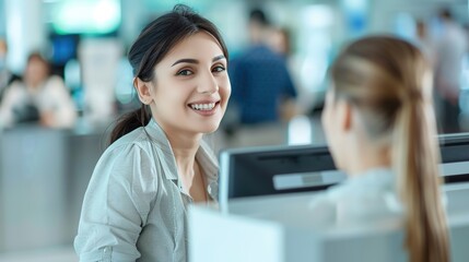 Bank teller assisting a customer with a transaction at the counter, providing personalized service with a smile.