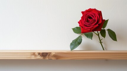 A vibrant red rose blooms against the crisp white backdrop of a wooden shelf