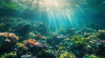 Naklejka premium Beautiful Landscape of Underwater Scene with Coral Reef and Exotic Fishes