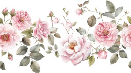 Watercolor illustrations featuring a collection of pink roses and peonies along with garden flowers leaves and branches create a botanic scene against a white backdrop A delicate flower bud
