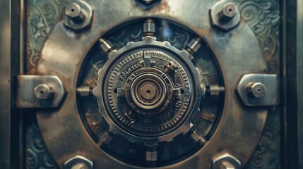 Bank vault door with a combination lock, representing security and protection of valuable assets in banking institutions. 