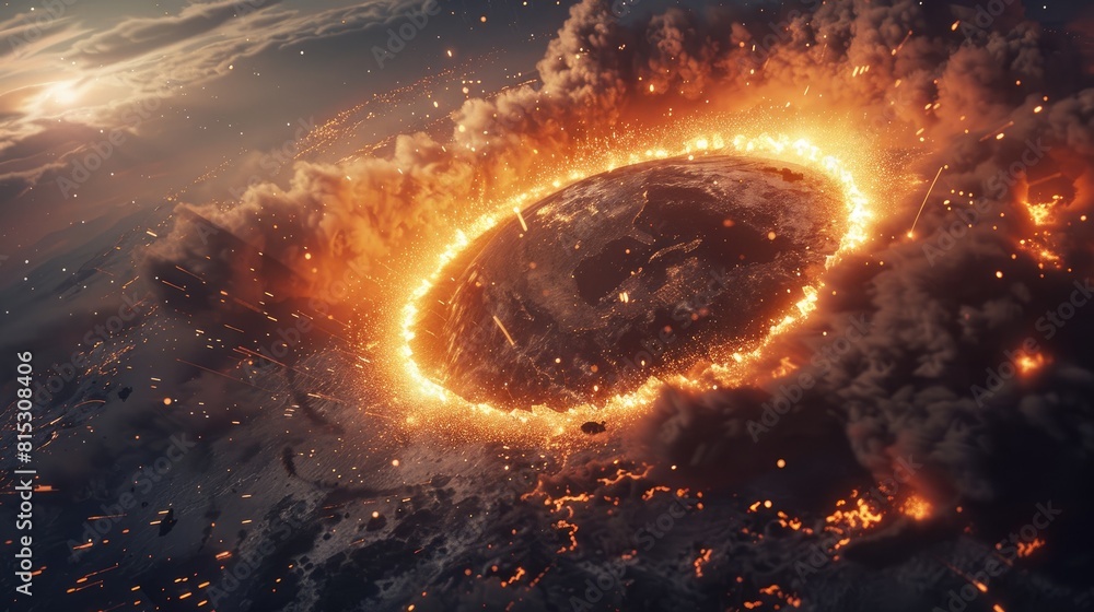 Poster in this dynamic 3d illustration witness the impact of a meteor from outer space colliding with earth
