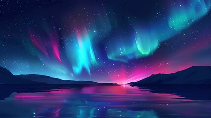 Black sky with northern lights flat design side view, aurora theme, water color, Complementary Color Scheme