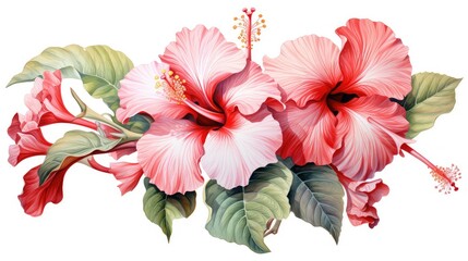 Botanical watercolor illustration showcasing the intricate details of a hibiscus flower in shades of red and pink