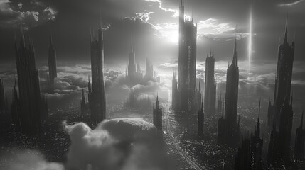 Background with epic view of alien city with tall towers at sunset, black and white, AI-generative