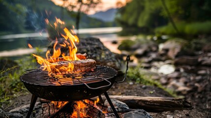 Grill ablaze in nature's embrace.