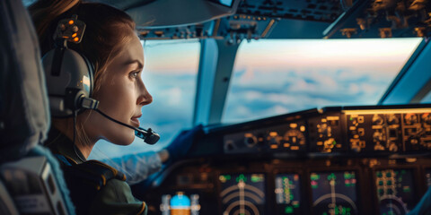 Female Pilot Focused in Cockpit of Commercial Airplane