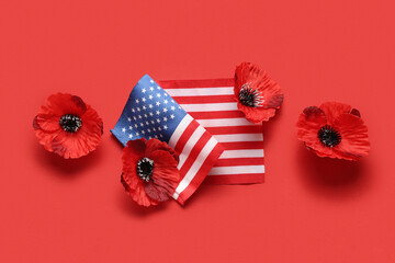 Naklejka premium Flag of USA and poppy flowers on red background. Memorial Day celebration