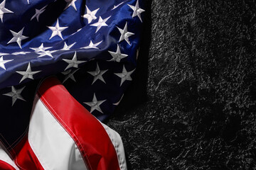 Naklejka premium Flag of USA on dark background, closeup. Memorial Day celebration