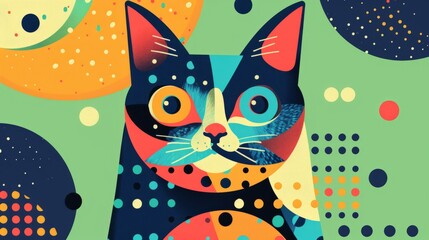 A playful cartoon cat with colorful polka dots on a vibrant green background