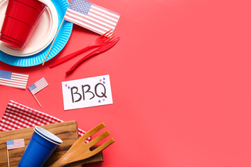 Card with letters BBQ, dinnerware and USA flags on red background. Independence Day celebration