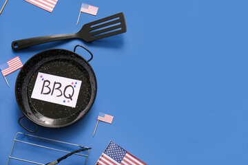 Card with letters BBQ, barbecue utensils and USA flags on blue background. Independence Day...