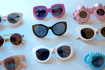 A flat lay composition showcasing a variety of baby sunglasses arranged neatly on a white surface, each pair promising protection and style for sunny days.