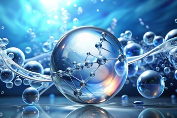 Cosmetic Essence, Liquid bubble, Molecule inside Liquid Bubble on DNA water splash background