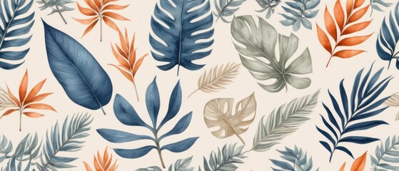 digital illustration of tropical leaves background in vibrant orange and muted blue