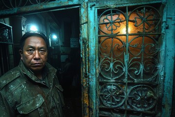 Obraz premium Man Standing in Front of Dark Room Door