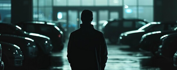 Craft a psychological thriller where a troubled protagonist becomes obsessed with a mysterious figure spotted lurking among the cars parked in front of a dealership, leading to a descent into madness