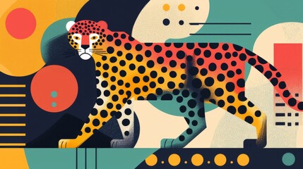 Fototapeta premium Illustration of a cheetah walking on a vibrant, colorful background, with playful geometric shapes and polka dots texture
