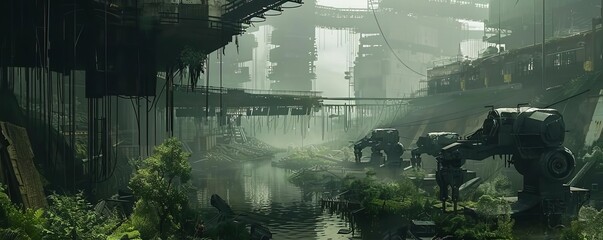 Obraz premium Craft a speculative fiction story set in a postapocalyptic world where remnants of civilization struggle to rebuild, scavenging abandoned car factories for spare parts to repair the robotic arms on th