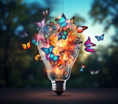 Butterflies flying around a light bulb, in colorful collage,.jpe