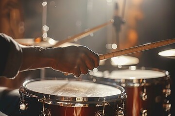 Obraz premium Drum kit player, close up view on hand