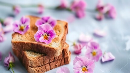 Isolated, Colorful pansy toasts, pastel background, banner style, edible flowers, recipe, culinary blog, social media post, greeting card, food magazine
