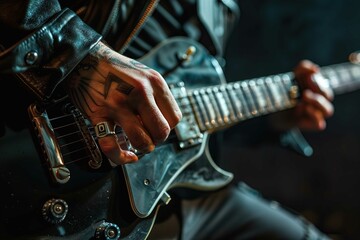 Naklejka premium Electric guitar player, close up view on hand