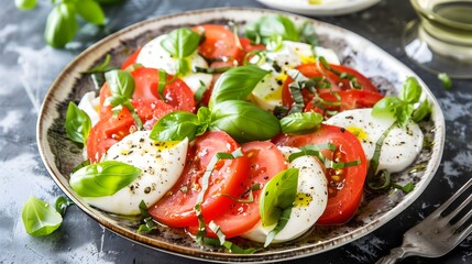 Caprese Salad, Italian food, mozzarella, tomato, fresh basil, on the plate, food photography, recipe, culinary blog.