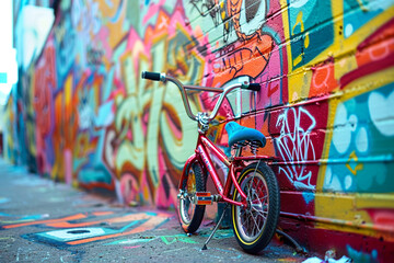 A tiny baby bicycle parked against a colorful graffiti wall in an urban alley, with vibrant street art creating a dynamic backdrop. - Powered by Adobe