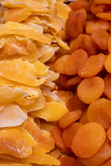Dehydrated fruits and traditional nuts, nutritious and delicious foods: a colorful combination of vegetarian and healthy foods.