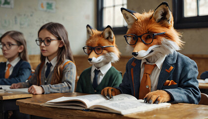 An anthropomorphic foxes sitting in a classroom listening intently to the teacher