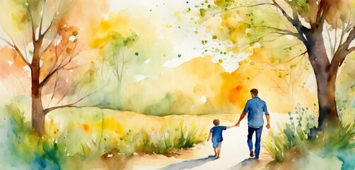 Dad and son walk along the path in nature. Forest trip together. Fathers day concept. 