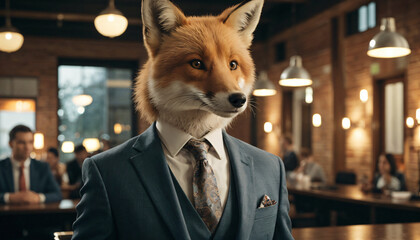 Dapper fox in a tailored suit, standing behind a courtroom podium, serving as a sharp and cunning attorney presenting a case.