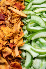 Dehydrated fruits and traditional nuts, nutritious and delicious foods: a colorful combination of vegetarian and healthy foods.