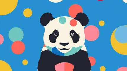 Obraz premium Cartoon illustration of a panda bear covered in colorful dots, set against a blue background with playful geometric shapes