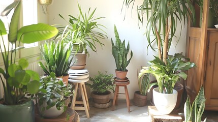 Various attractive indoor plants and a wooden toilet situated next to a white wall inside a room. It adds aesthetic appeal to the house decor.