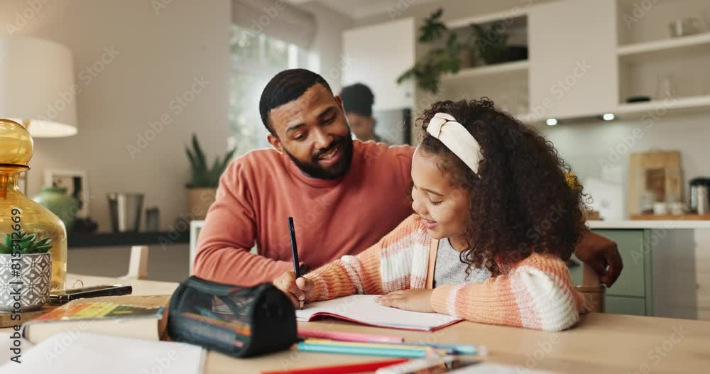 Poster Dad, girl and smile with writing for homework with book to study or read for knowledge, education and learning. Parent, kid and school project with support, care and help for child development