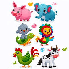 This image features various adorable cartoon animals, including a pig, elephant, bird, turtle, colorful parrot, chicken, and calf. Each character has a cheerful, friendly face, with small birds adding