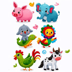 Naklejka premium This image features various adorable cartoon animals, including a pig, elephant, bird, turtle, colorful parrot, chicken, and calf. Each character has a cheerful, friendly face, with small birds adding
