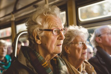 Senior woman traveling by train in Paris, France. Old people traveling by tram.